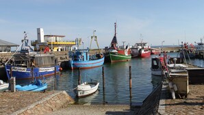 Een haven met diverse boten afgemeerd, waaronder een blauwe boot met de tekst 