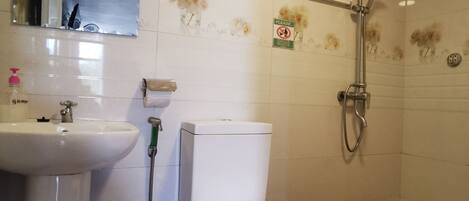 Un baño con lavamanos, inodoro y ducha.