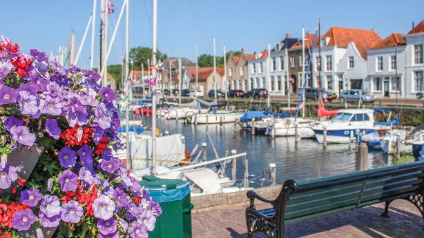Een jachthaven met aangemeerde boten, een groene bank en gebouwen met rode daken op de achtergrond.