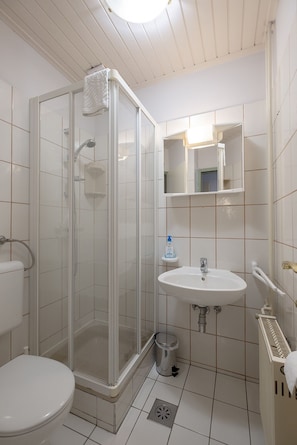 A bathroom with a glass-enclosed shower, a sink, and a toilet. - Penzion Park (Lasko)