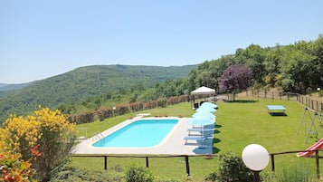 Piscina stagionale all'aperto, ombrelloni da piscina, lettini