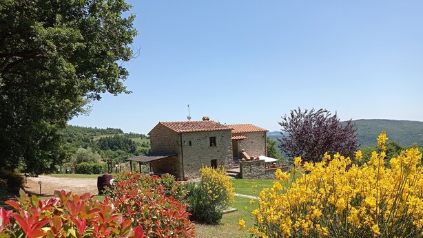 A stone house with a red-tiled roof, surrounded by a garden with red and yellow flowering plants, and a view of green hills in the background.