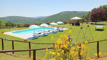 Piscina stagionale all'aperto, ombrelloni da piscina, lettini