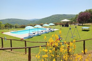 Seasonal outdoor pool, pool umbrellas, pool loungers