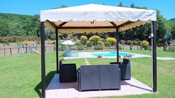 Seasonal outdoor pool, pool umbrellas, sun loungers