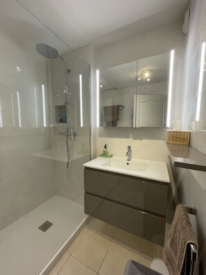 Bathtub, hair dryer, towels, soap
