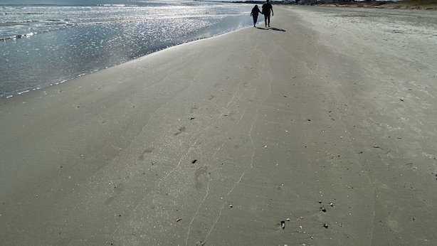 En bred, sandet strand med klar himmel og solskin.