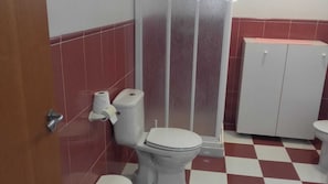 Un baño con inodoro, cabina de ducha y un armario.