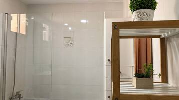 Bathtub, bidet, towels, toilet paper