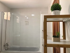 Bathtub, bidet, towels, toilet paper