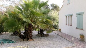 A garden with palm trees and a white building with green shutters. - in Bagnols-en-Forêt, quiet, with large swimming pool (Bagnols-en-Forêt)