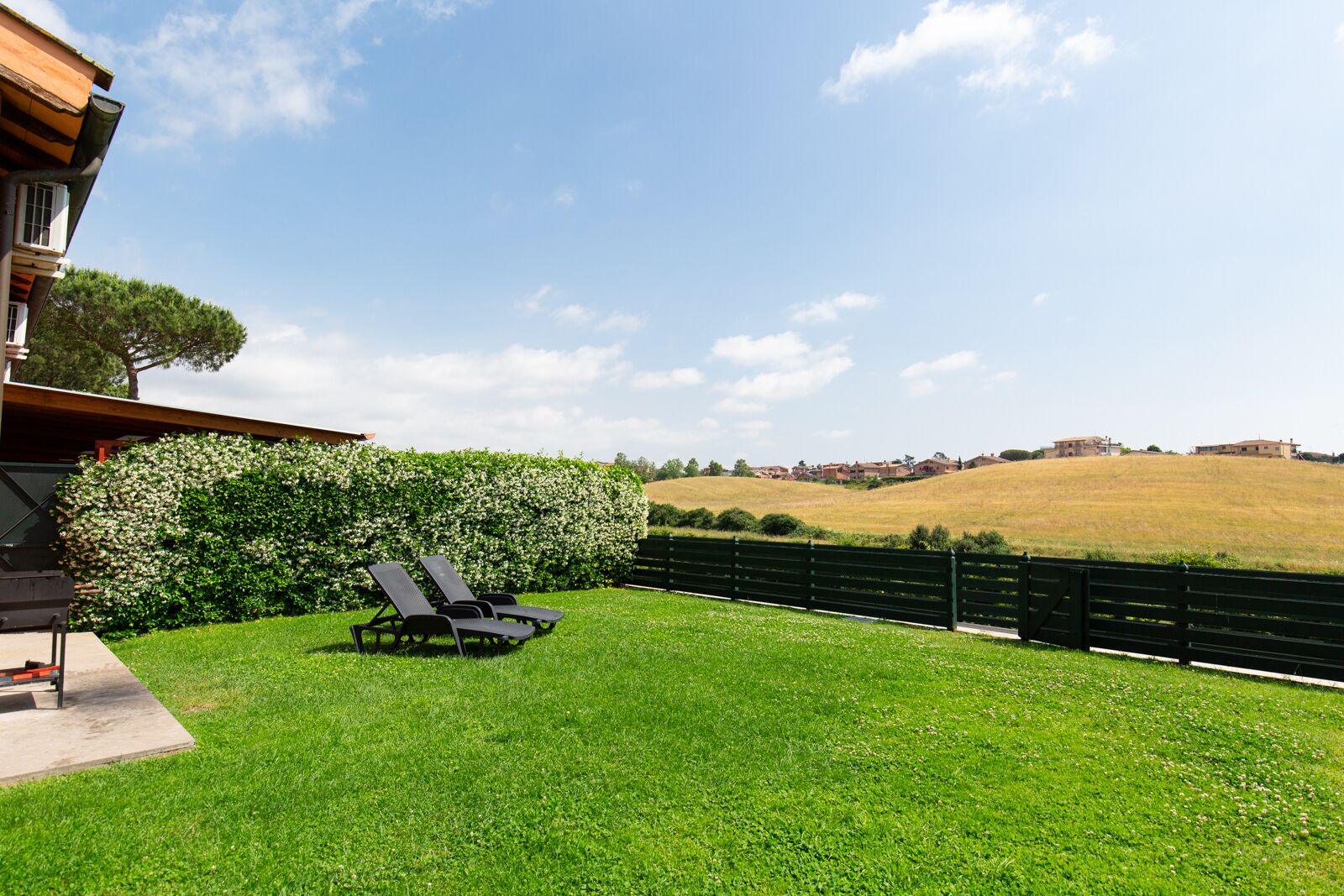 A backyard with a lawn, two lounge chairs, a hedge, and a view of a hill with buildings in the distance.