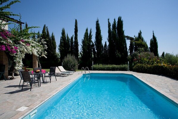 A rectangular swimming pool with a stone deck, surrounded by tall cypress trees and flowering plants.
