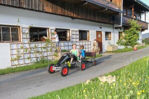 Un enfant dans un petit véhicule sur un chemin pavé, un bâtiment doté de balcons en bois et une zone herbeuse parsemée de fleurs jaunes.