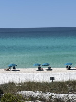 On the beach, sun loungers, beach umbrellas, beach towels