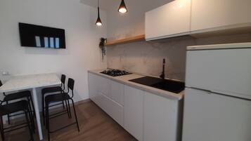 Fridge, microwave, stovetop, coffee/tea maker