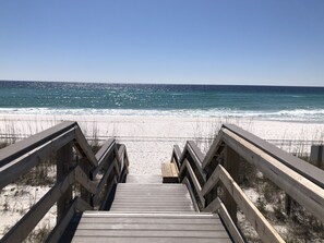 On the beach, sun loungers, beach towels