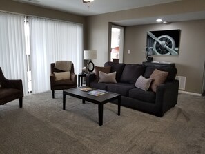 Smart TV, fireplace, books