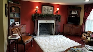 A living room with a fireplace, bookshelves, a television, and a plush white rug.