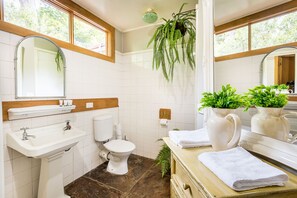 A bathroom with a sink, toilet, and mirror. There are plants and towels on the counter.