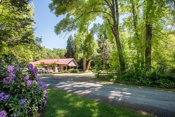 A house with a red roof, surrounded by lush greenery and trees.