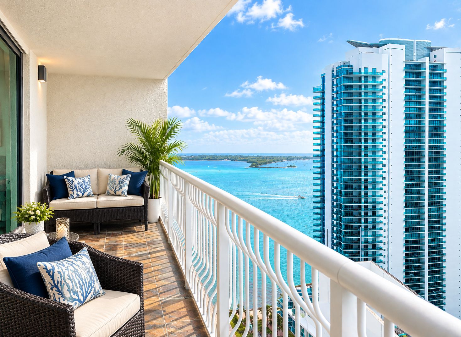 A balcony with a view of a tall building and the ocean.