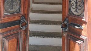 Una escalera de madera con puertas metálicas ornamentadas que da a un rellano con una planta en maceta y un espejo.