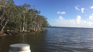 Un plan d’eau calme, avec un poteau en bois au premier plan et des arbres le long de la rive opposée.