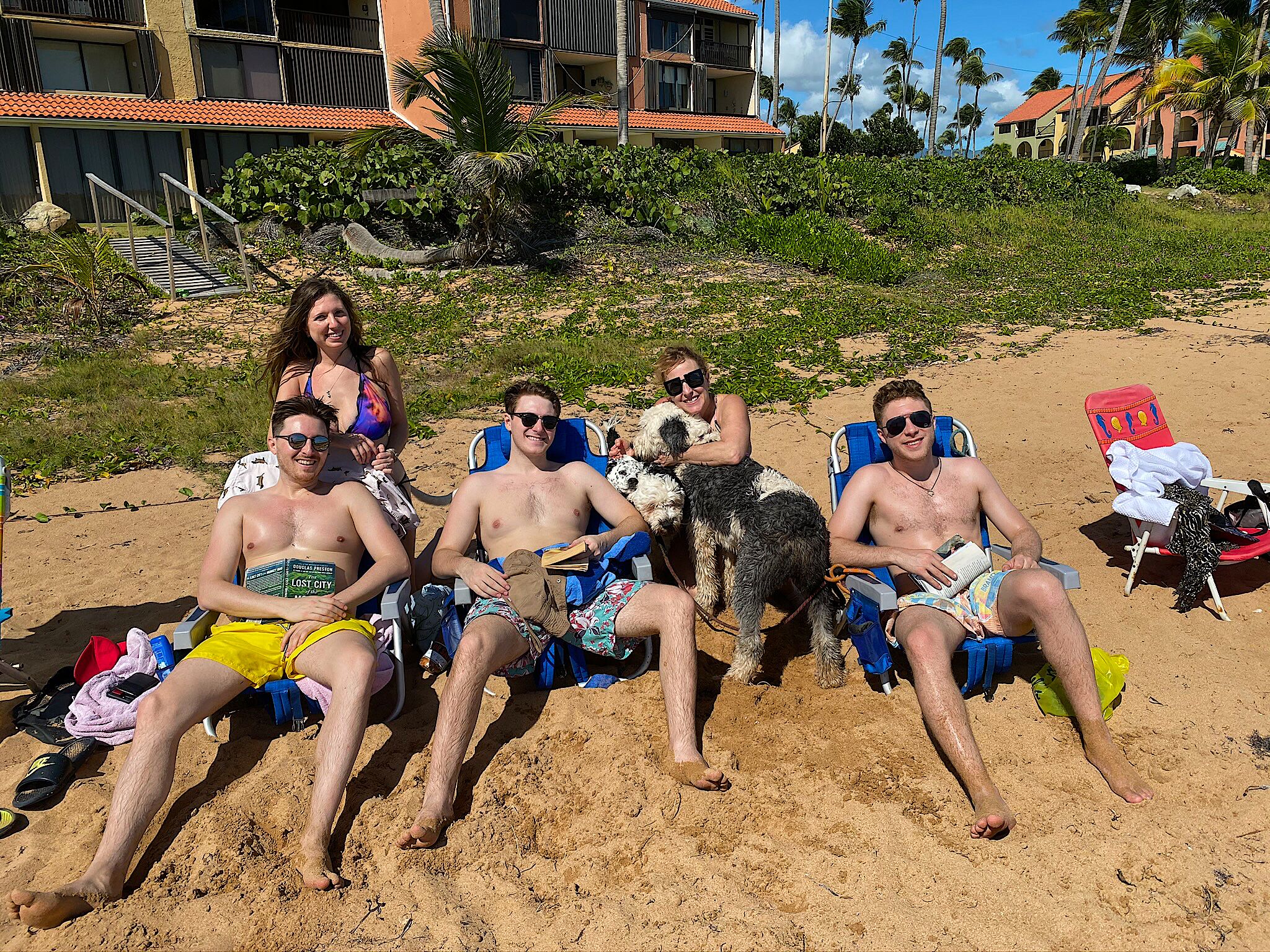 A beach scene with people sitting on beach chairs, a dog, and a building in the background.