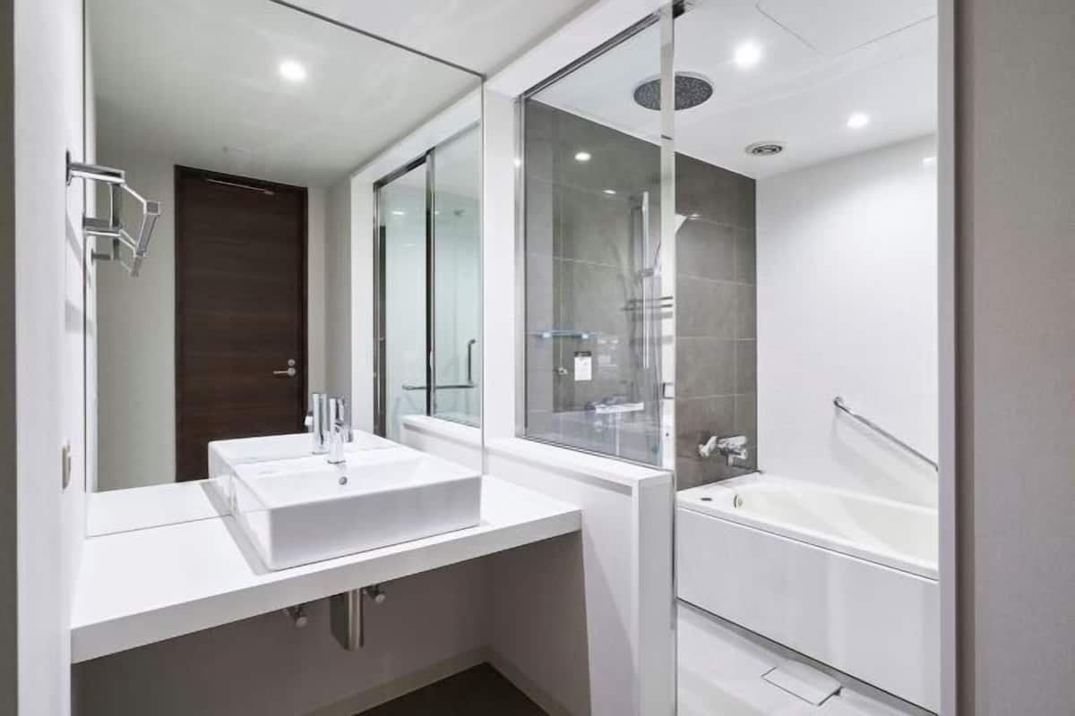 Combined shower/tub, deep soaking tub, hair dryer, slippers