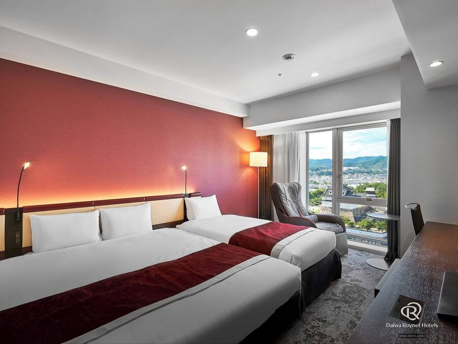 Camera d'albergo con due letti, una scrivania e un'ampia finestra con vista sulla città.