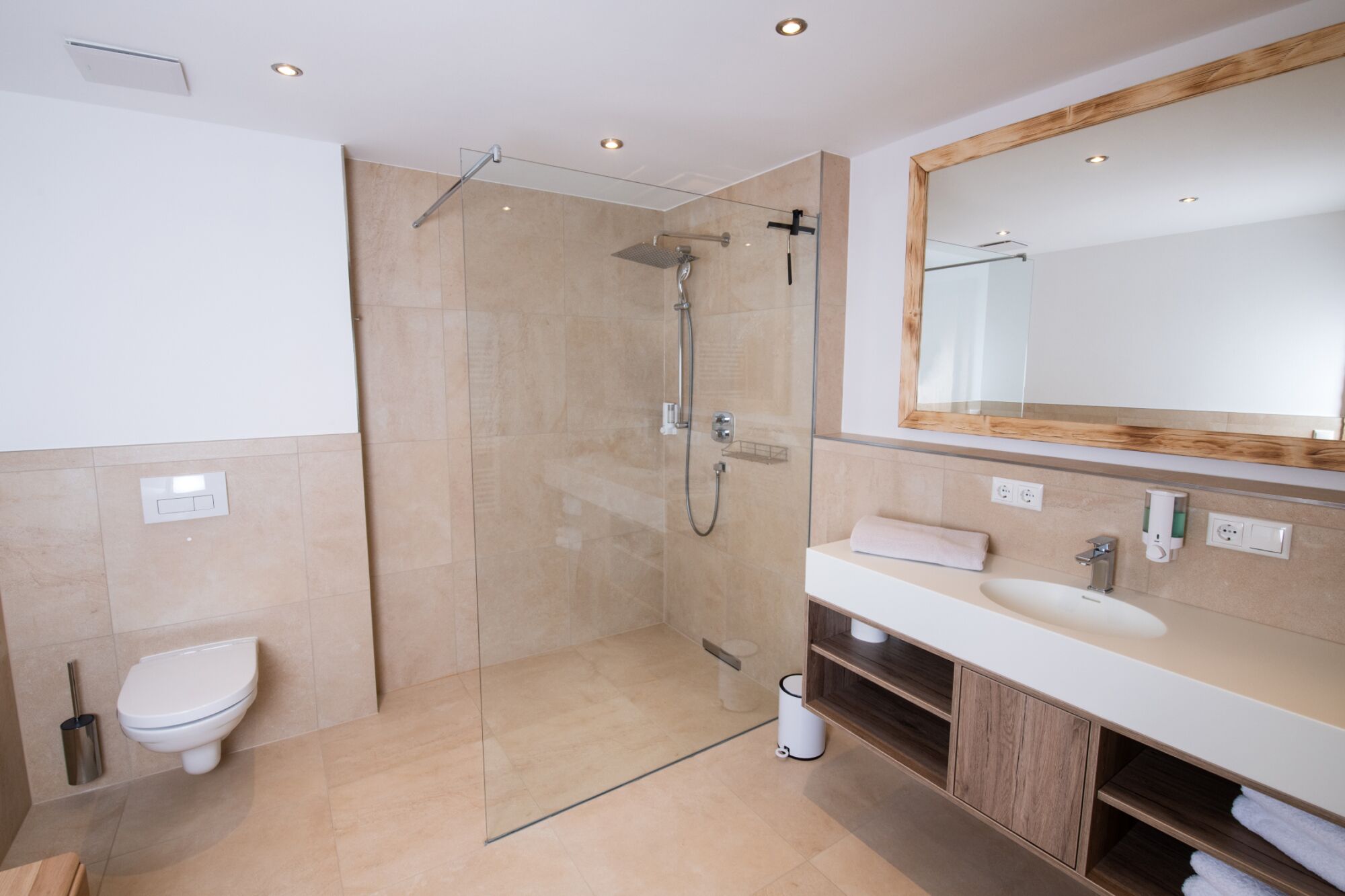 A modern bathroom with a glass-enclosed shower, a toilet, a sink, and a large mirror.