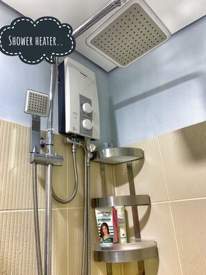 Hair dryer, towels, soap, shampoo