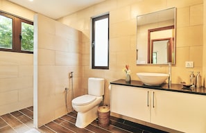 Shower, rainfall showerhead, hair dryer, towels