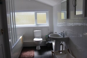 Combined shower/bathtub, hair dryer, towels, soap