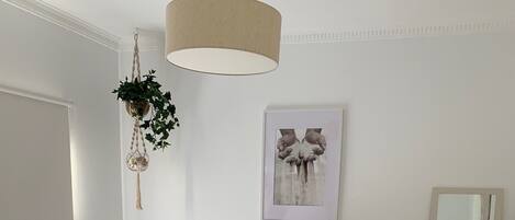 A bedroom with a bed, bedside tables, a hanging plant, a framed picture, a mirror, and a patterned rug.
