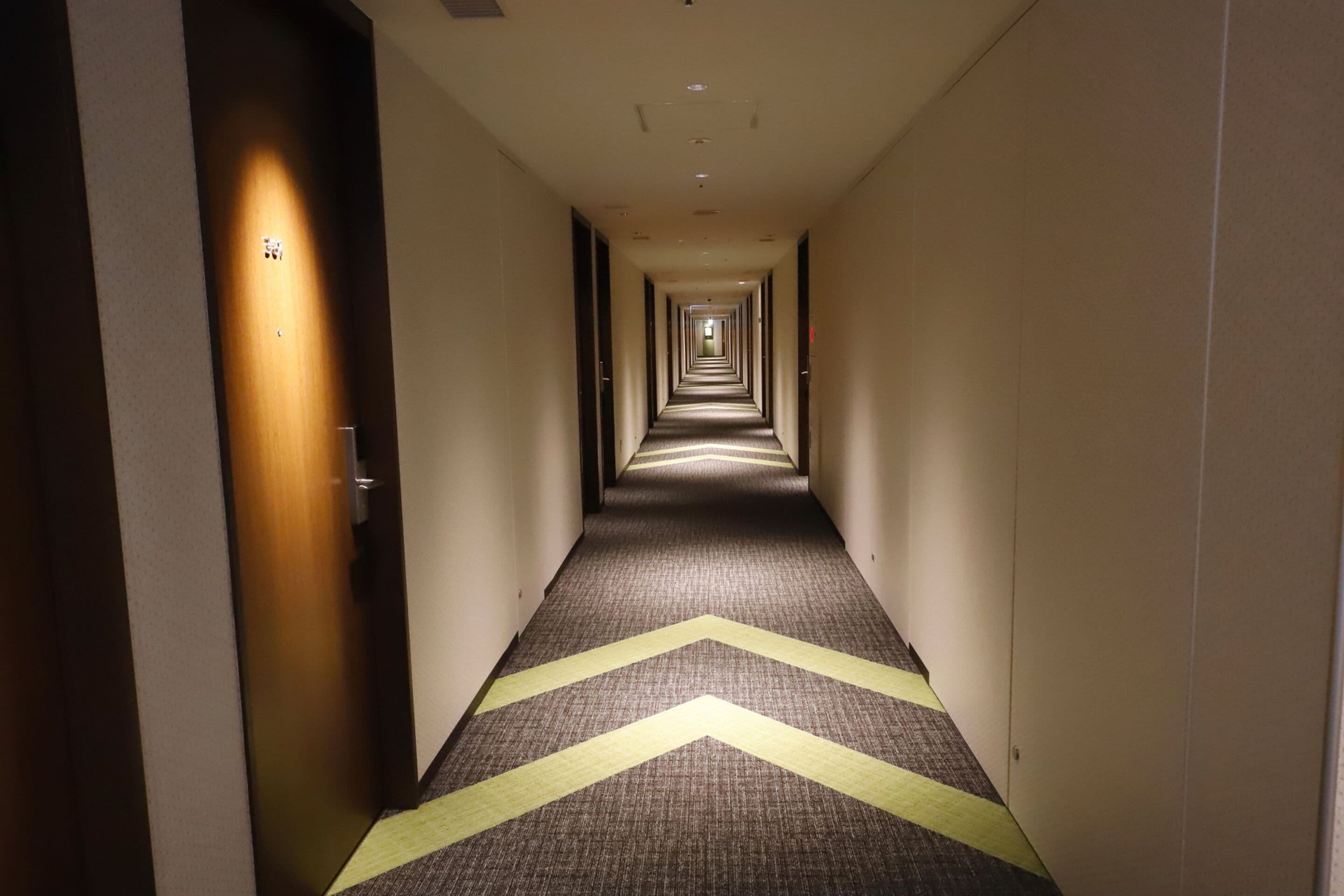 A hotel hallway with carpeted floors and doors on both sides.