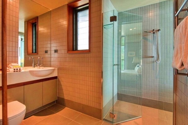 A modern bathroom with a glass-enclosed shower, a sink with a mirror above it, and a toilet.