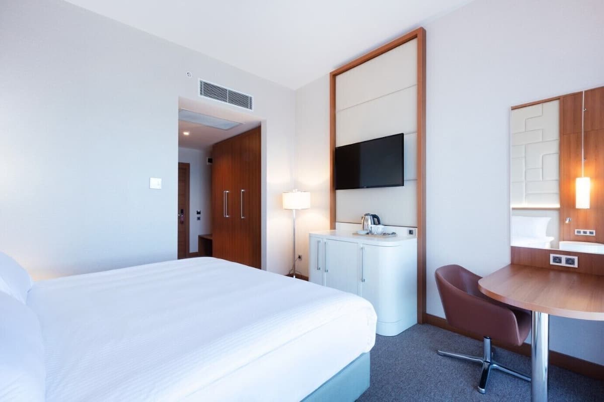 A hotel room with a bed, a desk with a chair, a TV mounted on the wall, a mirror, and a wardrobe.