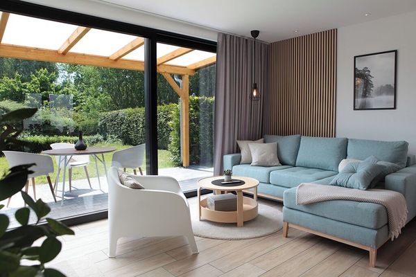 Smart TV, chimenea, libros