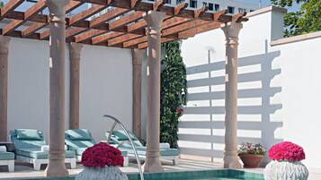 Alberca techada, acceso de 08:00 a 19:00, y camastros