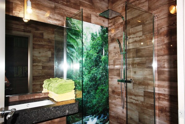 Chuveiro, secador de cabelo, toalhas de banho, papel higiênico