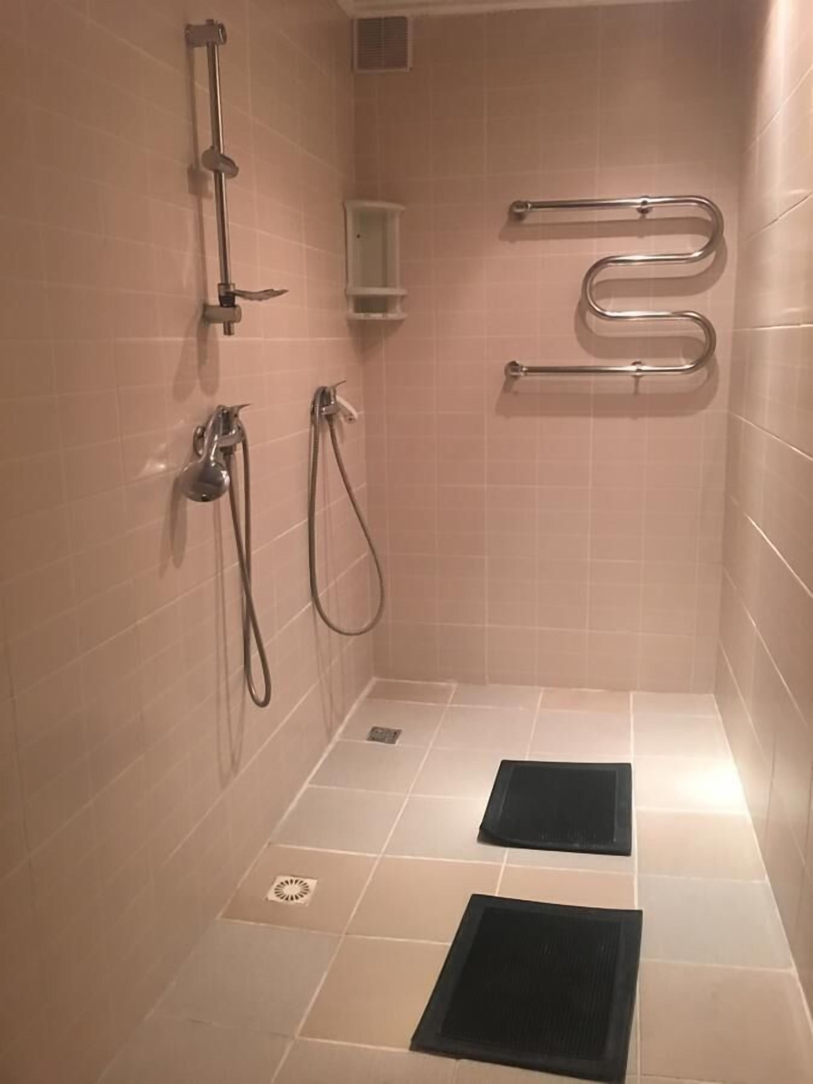 Shower, towels, soap, toilet paper