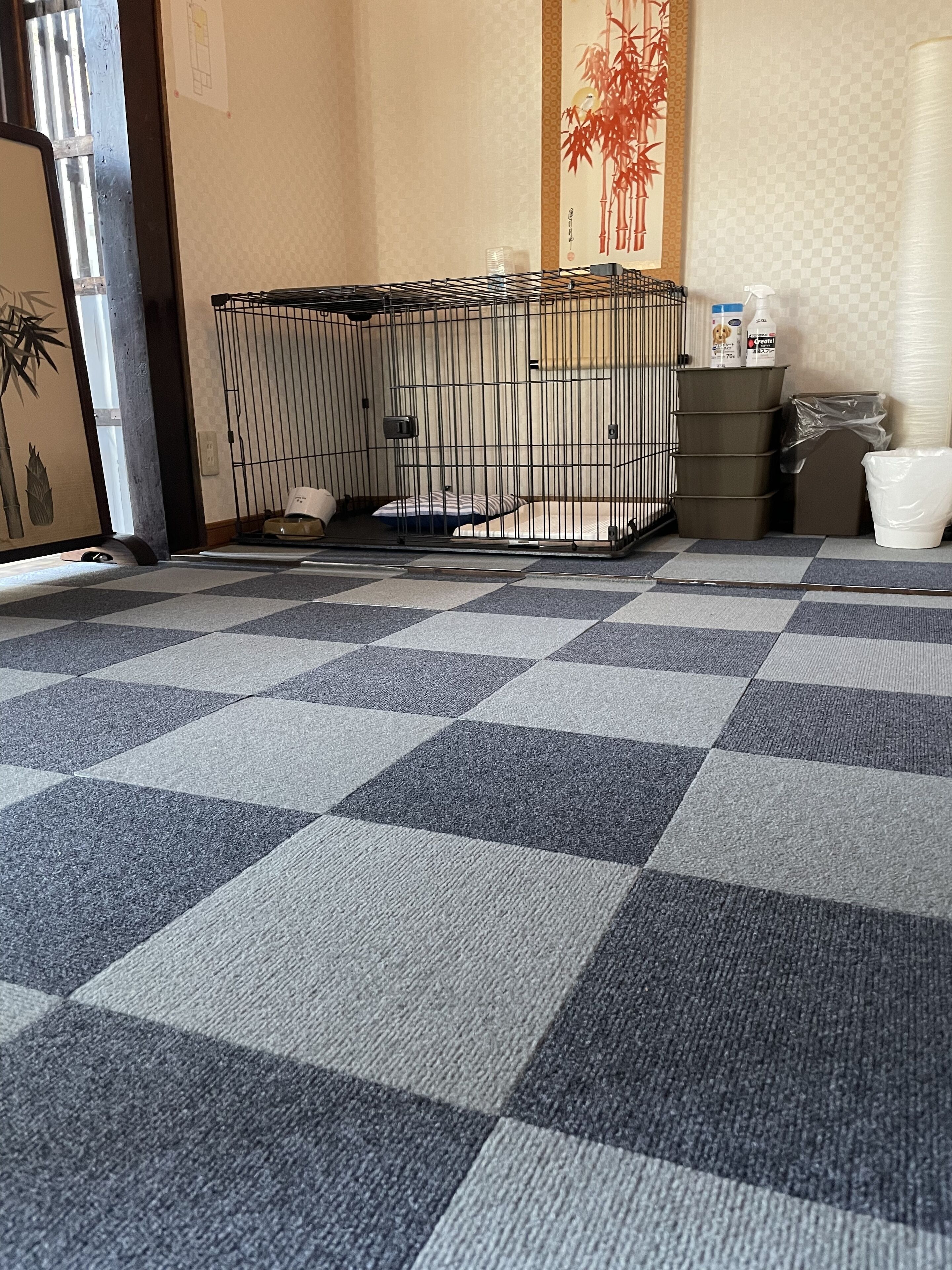 A room with a checkered carpet, a metal cage with a bed inside, a small table with a bottle, and a wall with a bamboo painting.
