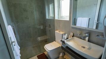 A modern bathroom with a glass-enclosed shower, a white toilet, and a large sink.