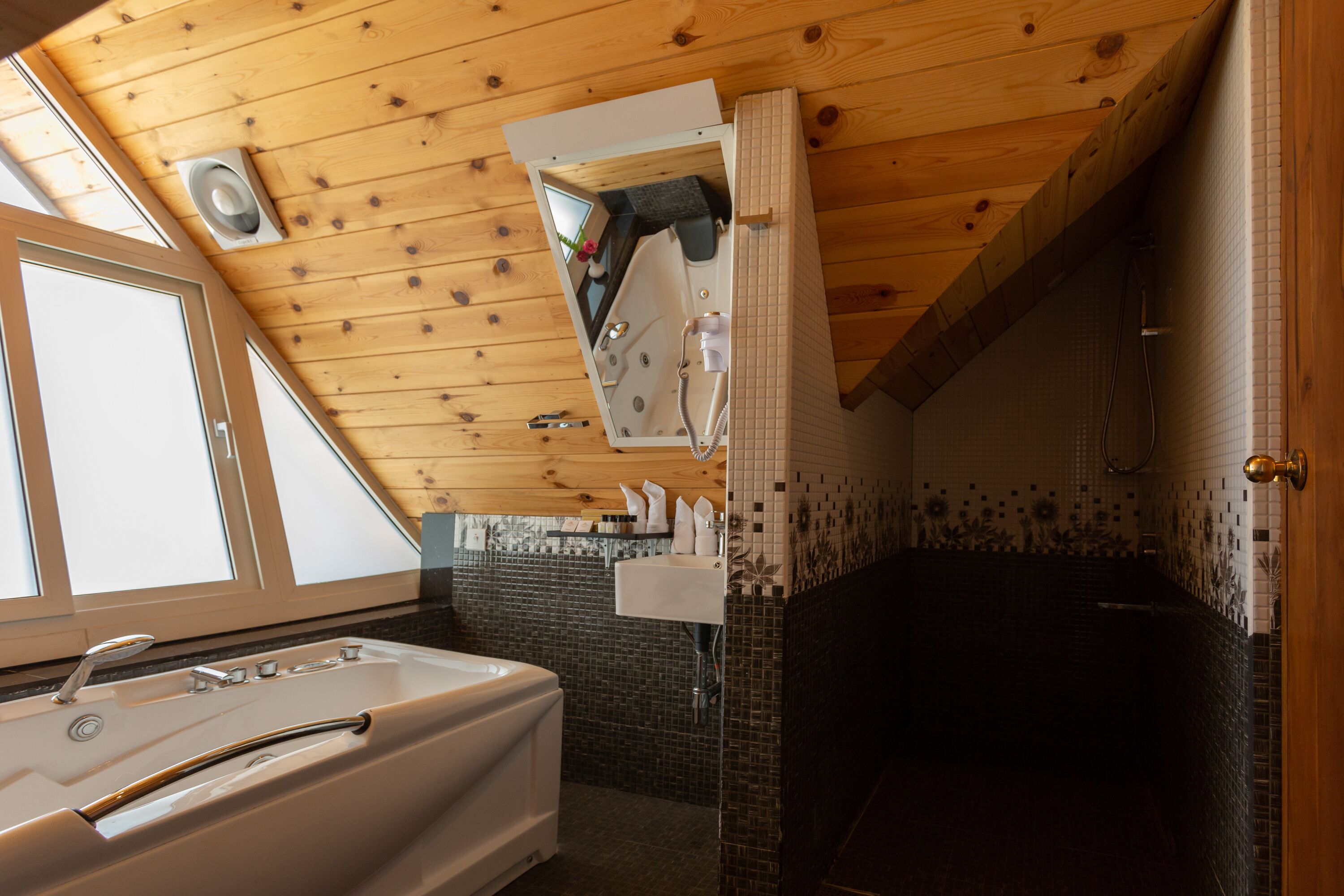 Een badkamer met een bad, een wastafel en een douchehoek.