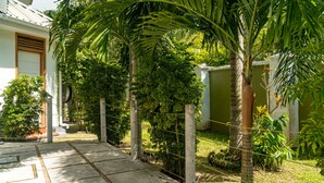A paved pathway leading to a building with a door and windows, surrounded by lush greenery and palm trees. - 340 Mountain View Apartments (Mahé Island)