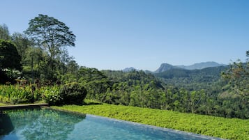 Piscine extérieure, chaises longues