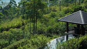 Um jardim exuberante com piscina e um coreto com vista para uma paisagem montanhosa.