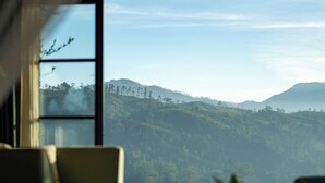 Quarto com uma grande janela que oferece vista para uma paisagem montanhosa. Há duas cadeiras e uma mesinha com um vaso.